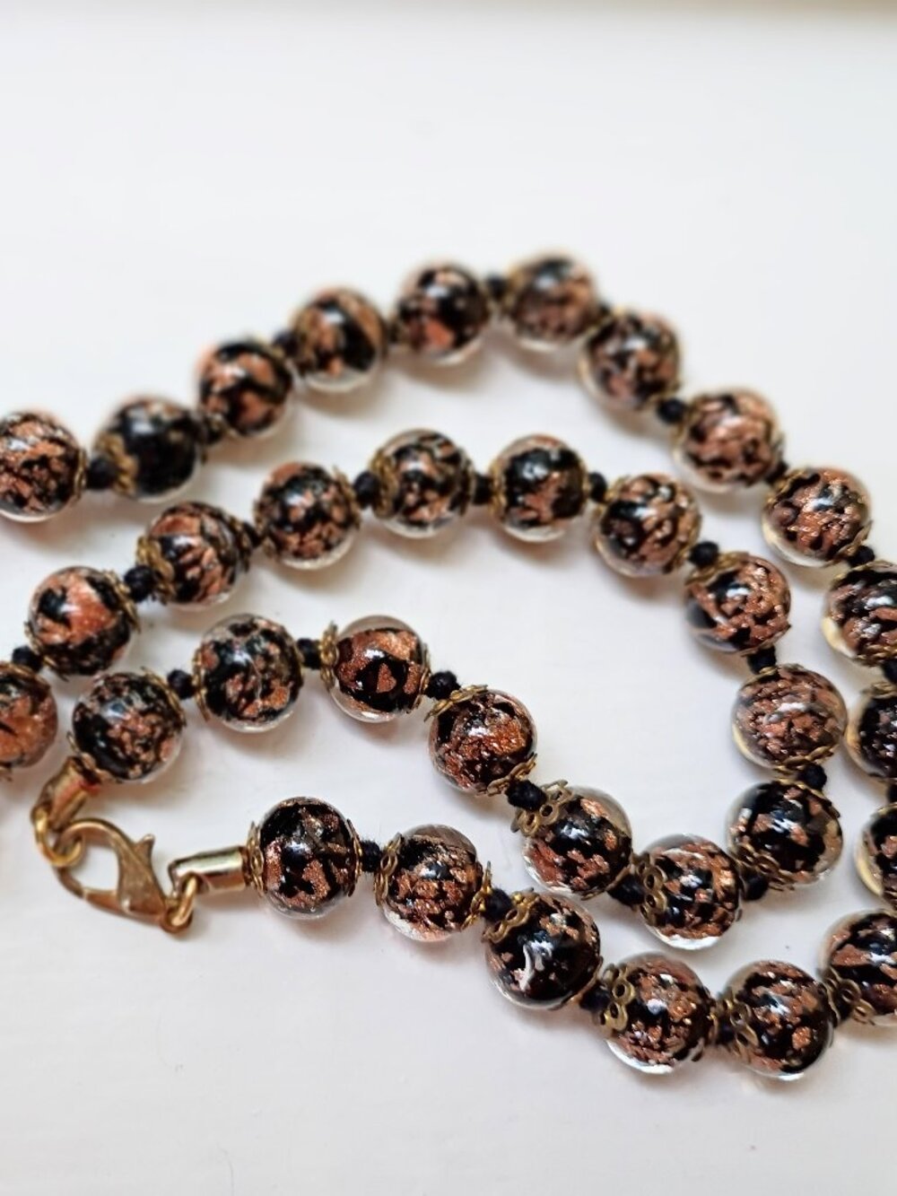 Murano black gold foil art glass beaded necklace